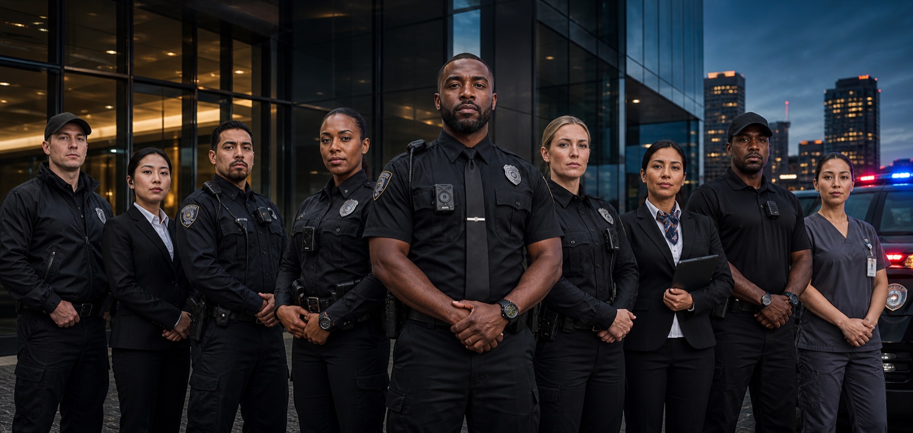 Professional armed security officers outside a corporate building